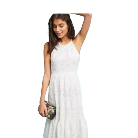 Anthropologie Maeve White Eyelet Sundress Sz 2 High Neck Full Skirt Cruise Vacay - Picture 3 of 9
